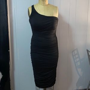 One shoulder runched black dress and sweater